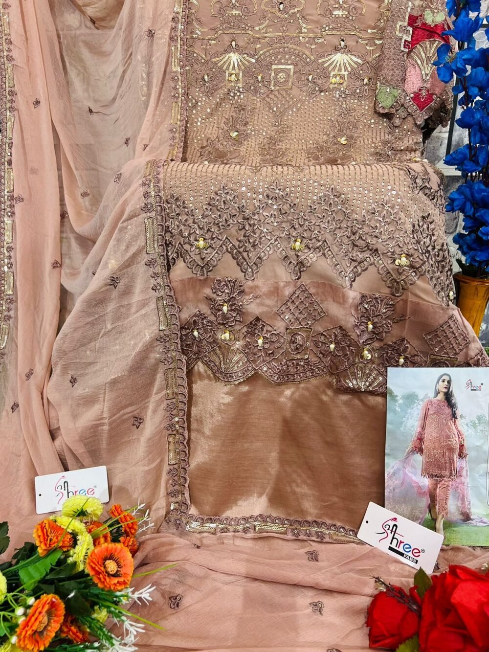 Shree fab©️present ❤️ code k. 1666 semi stitched🩷 Fox blooming very heavy embroidered very beautiful Rust colour semi stitched outfit with heavy handwork ❤️ unstitched santoon inner and bottoms Najmeen embrdroidered border dupatta 😍 ready stock 1220/-