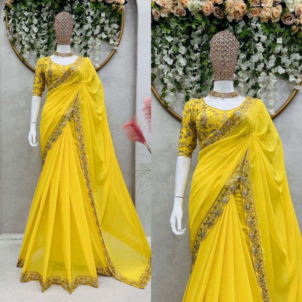 KD 462 YELLOW COLOR FAUX GEORGETTE DESIGNER PARTY WEAR SAREES ONLINE - Image 4