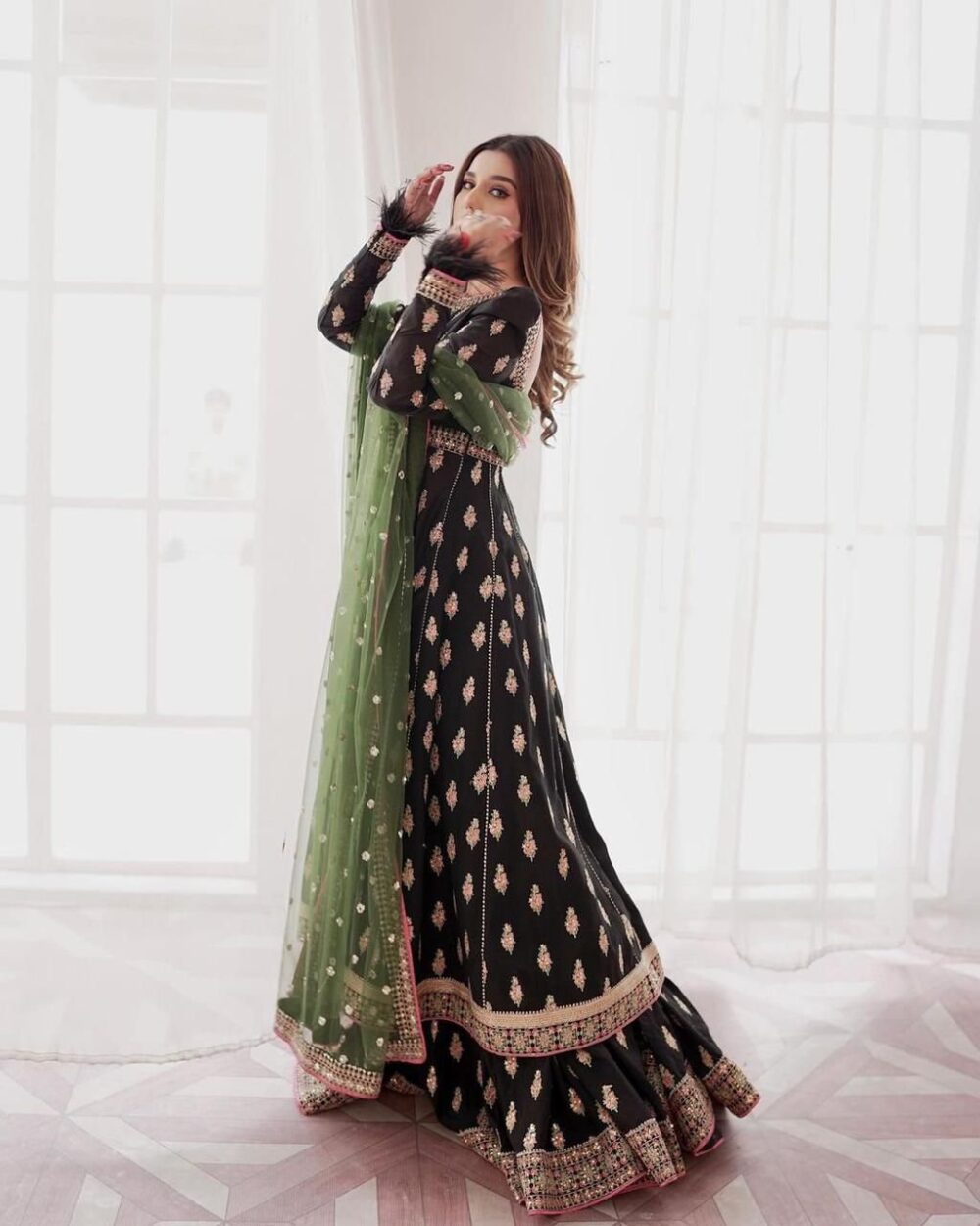 LC 1215 BLACK COLOR NEW DESIGNER HEAVY TAFFETA SILK LONG READYMADE GOWNS WITH SHARARA WITH DUPATTA - Image 9