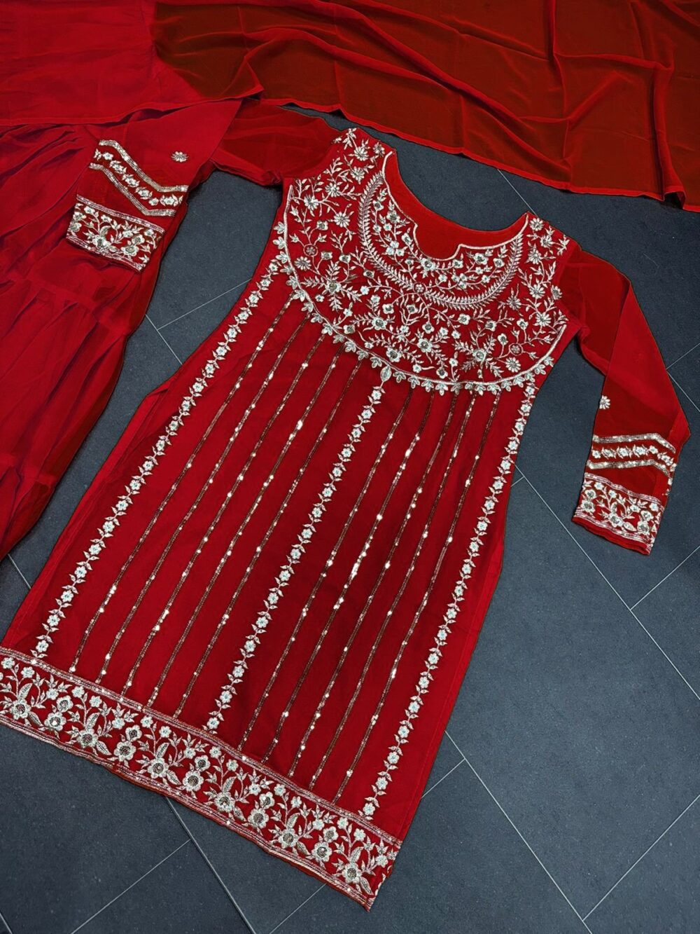 KD 1241 DESIGNER FAUX GEORGETTE SEQUENCE WORK DESIGNER KURTA WITH SHARARA AND DUPATTA ONLINE - Image 11