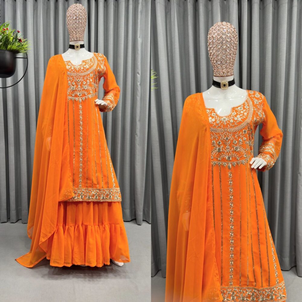 KD 1241 DESIGNER FAUX GEORGETTE SEQUENCE WORK DESIGNER KURTA WITH SHARARA AND DUPATTA ONLINE - Image 6