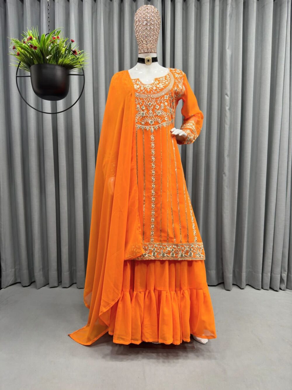 KD 1241 DESIGNER FAUX GEORGETTE SEQUENCE WORK DESIGNER KURTA WITH SHARARA AND DUPATTA ONLINE - Image 2