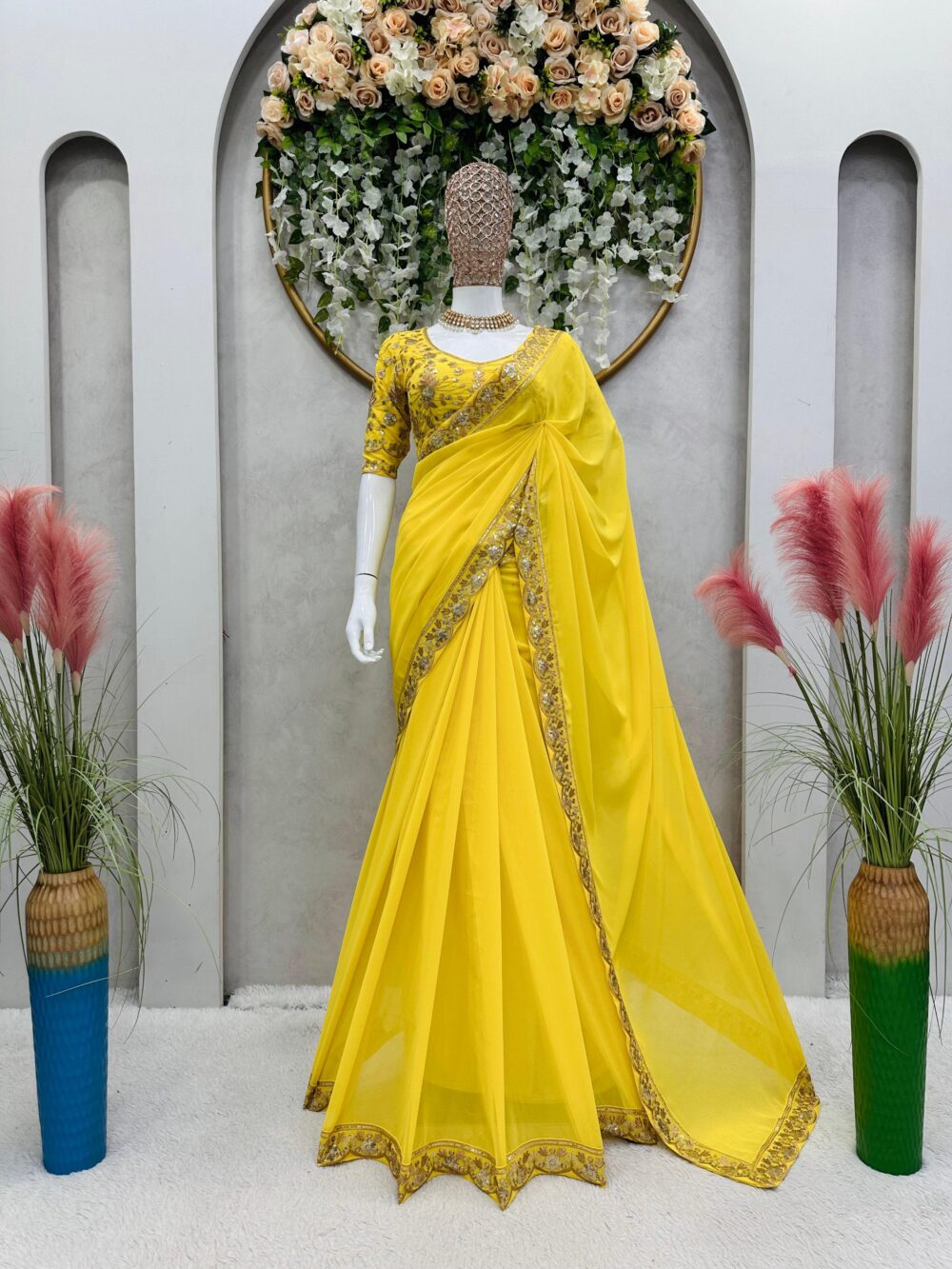 KD 462 YELLOW COLOR FAUX GEORGETTE DESIGNER PARTY WEAR SAREES ONLINE - Image 5