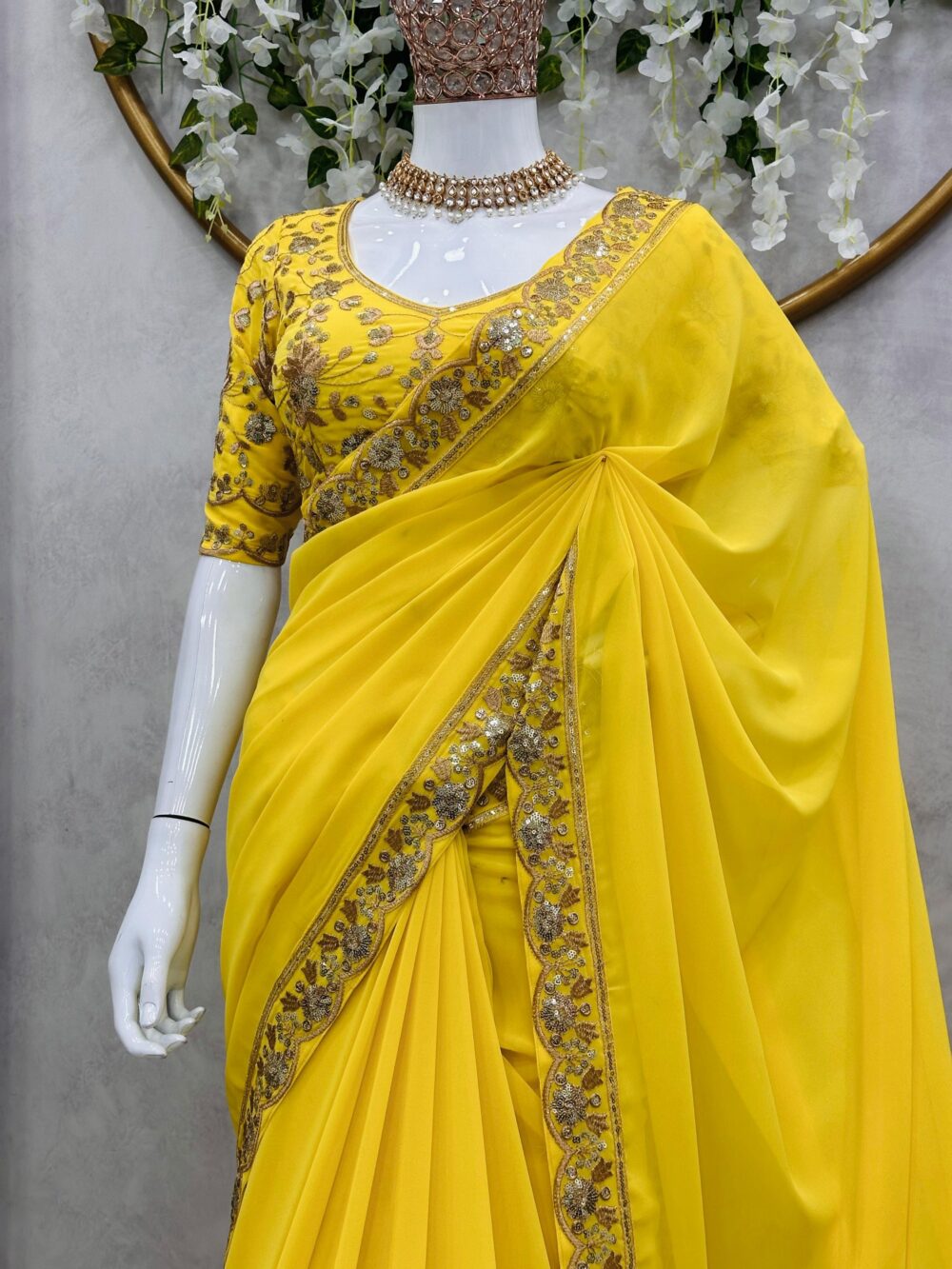 KD 462 YELLOW COLOR FAUX GEORGETTE DESIGNER PARTY WEAR SAREES ONLINE - Image 6