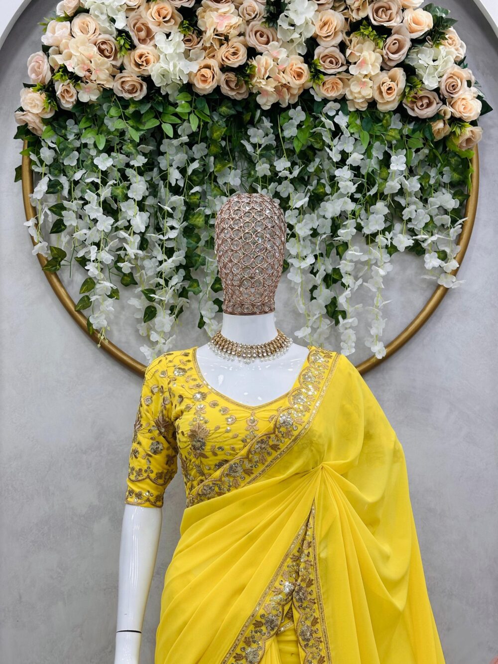 KD 462 YELLOW COLOR FAUX GEORGETTE DESIGNER PARTY WEAR SAREES ONLINE - Image 7