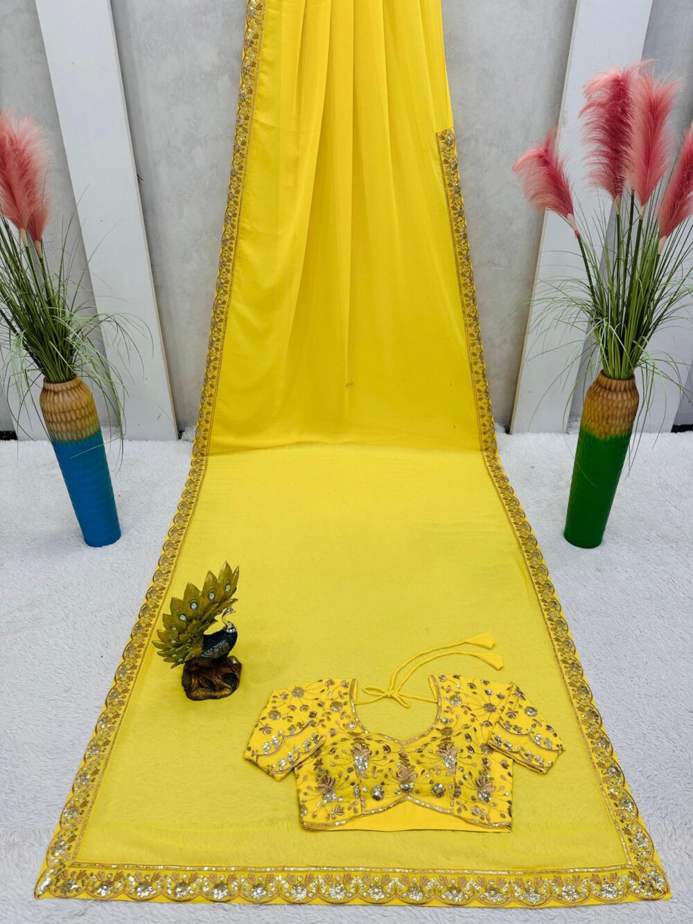 KD 462 YELLOW COLOR FAUX GEORGETTE DESIGNER PARTY WEAR SAREES ONLINE - Image 10