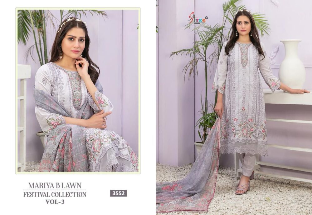 SHREE FABS MARIYA B LAWN VOL 3 3551 TO 3556 SERIES PURE LAWN EMBROIDERED FESTIVAL COLLECTION - Image 5