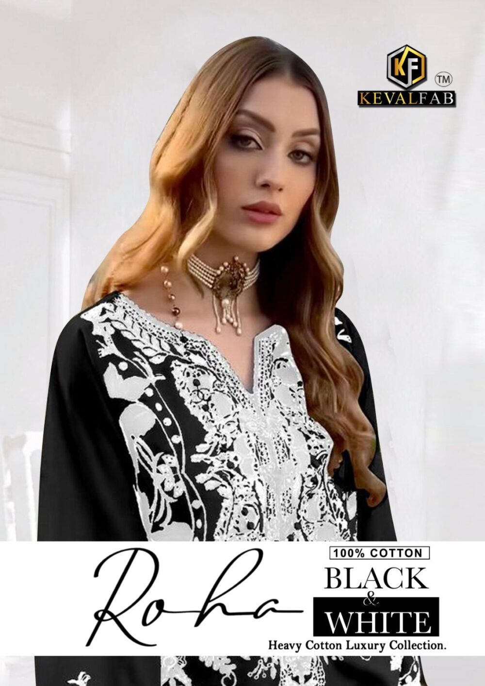 KEVAL FAB COTTON SUITS ROHA ONLINE 1001 TO 1006 SERIES BLACK AND WHITE EXCLUSIVE KARACHI COTTON LAWN DRESS MATERIALS