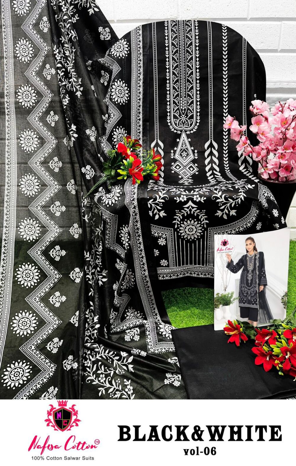 NAFISA COTTON BLACK & WHITE VOL 6 6001 TO 6006 SERIES EXCLUSIVE KARACHI COTTON DRESS MATERIALS ONLINE - Image 2