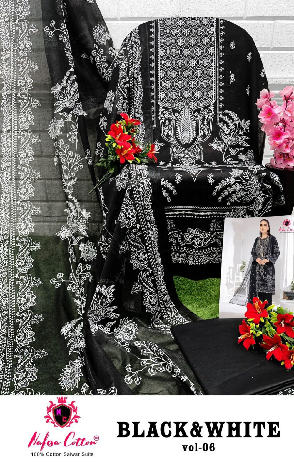 NAFISA COTTON BLACK & WHITE VOL 6 6001 TO 6006 SERIES EXCLUSIVE KARACHI COTTON DRESS MATERIALS ONLINE - Image 5