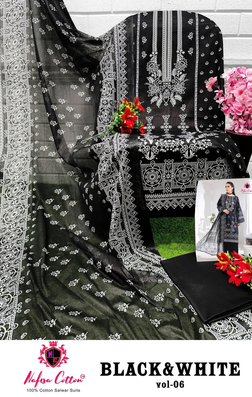 NAFISA COTTON BLACK & WHITE VOL 6 6001 TO 6006 SERIES EXCLUSIVE KARACHI COTTON DRESS MATERIALS ONLINE - Image 6