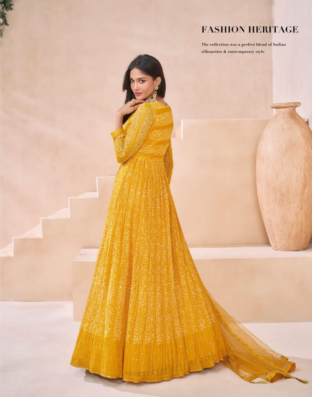 SAYURI DESIGNER 5557 KASHEESH YELLOW COLOR REAL GEROGETTE DESIGNER READY TO WEAR GOWNS - Image 3