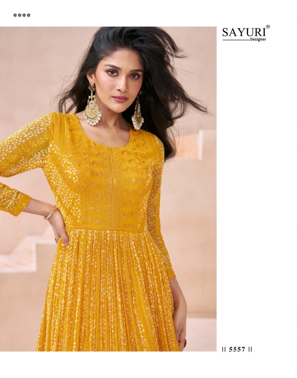 SAYURI DESIGNER 5557 KASHEESH YELLOW COLOR REAL GEROGETTE DESIGNER READY TO WEAR GOWNS - Image 4