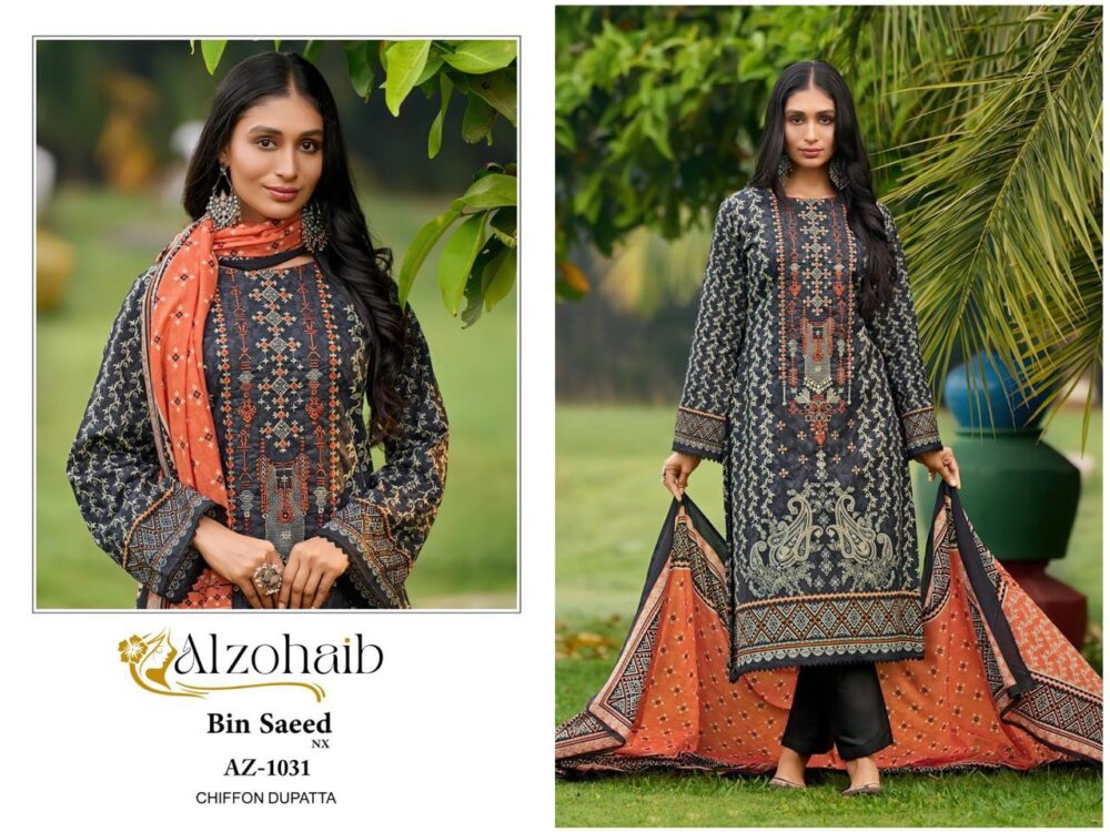 ALZOHAIB BIN SAEED NX 1029 TO 1032 SERIES PURE COTTON SELF EMBROIDERED PAKISTANI LAWN SUITS - Image 3