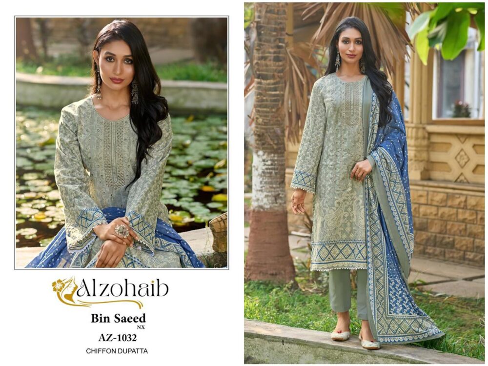 ALZOHAIB BIN SAEED NX 1029 TO 1032 SERIES PURE COTTON SELF EMBROIDERED PAKISTANI LAWN SUITS - Image 5