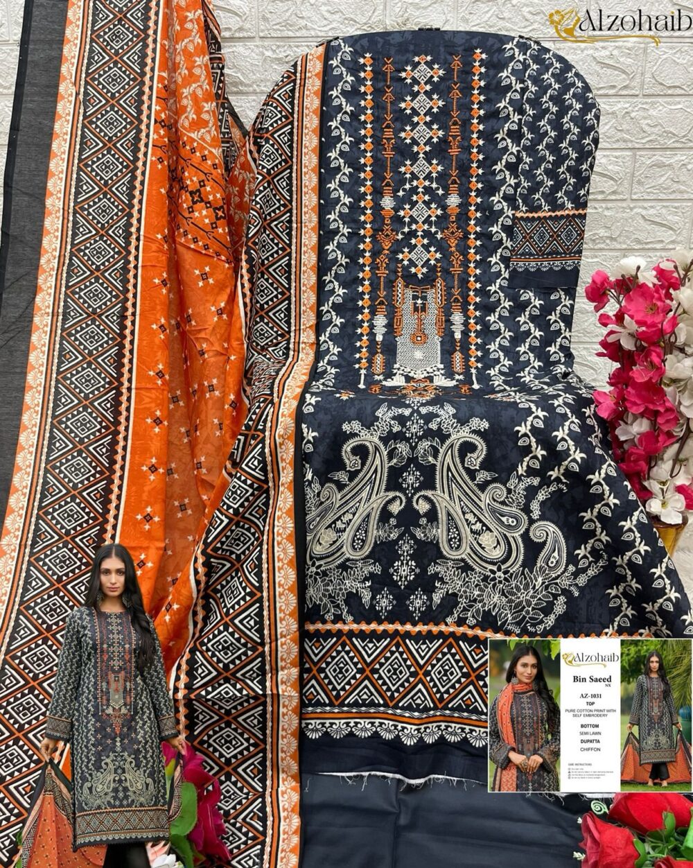 ALZOHAIB BIN SAEED NX 1029 TO 1032 SERIES PURE COTTON SELF EMBROIDERED PAKISTANI LAWN SUITS - Image 10