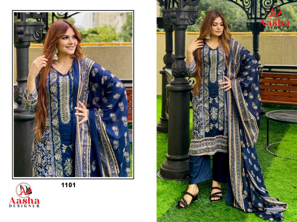 AASHA DESIGNER RIWAYAT 1101 TO 1103 SERIES PURE COTTON SELF EMBROIDERY PAKISTANI LAWN COLLECTION - Image 5