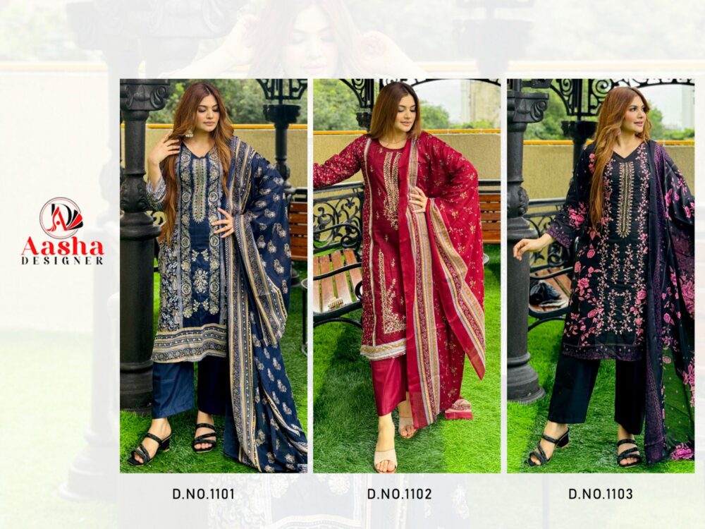 AASHA DESIGNER RIWAYAT 1101 TO 1103 SERIES PURE COTTON SELF EMBROIDERY PAKISTANI LAWN COLLECTION - Image 8