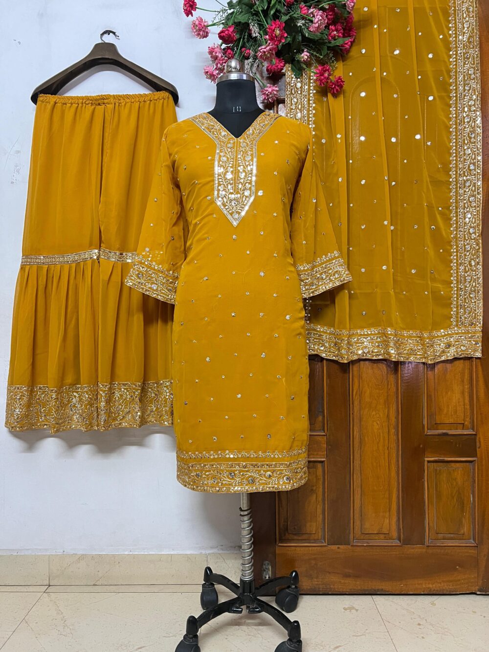 MUSTARD COLOR DESGINER GEORGETTE READYMADE SHARARA KURTIS ONLINE - Image 4