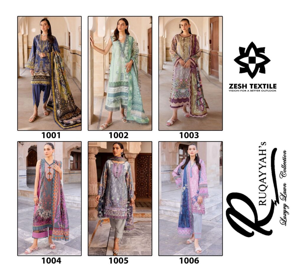 ZESH TEXTILES RUQAYYAH'S 1001 TO 1006 SERIES LUXURY PAKISTANI LAWN DRESS MATERIALS - Image 11