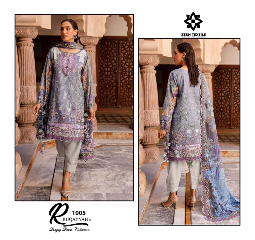 ZESH TEXTILES RUQAYYAH'S 1001 TO 1006 SERIES LUXURY PAKISTANI LAWN DRESS MATERIALS - Image 5